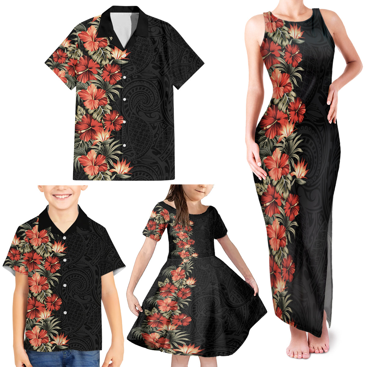 Hawaii Tropical Flowers Tribal Pattern Family Matching Tank Maxi Dress and Hawaiian Shirt No6 LT9 - Polynesian Pride