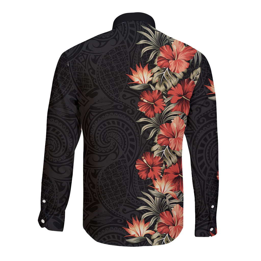Hawaii Tropical Flowers Tribal Pattern Long Sleeve Button Shirt No6 LT9 - Polynesian Pride
