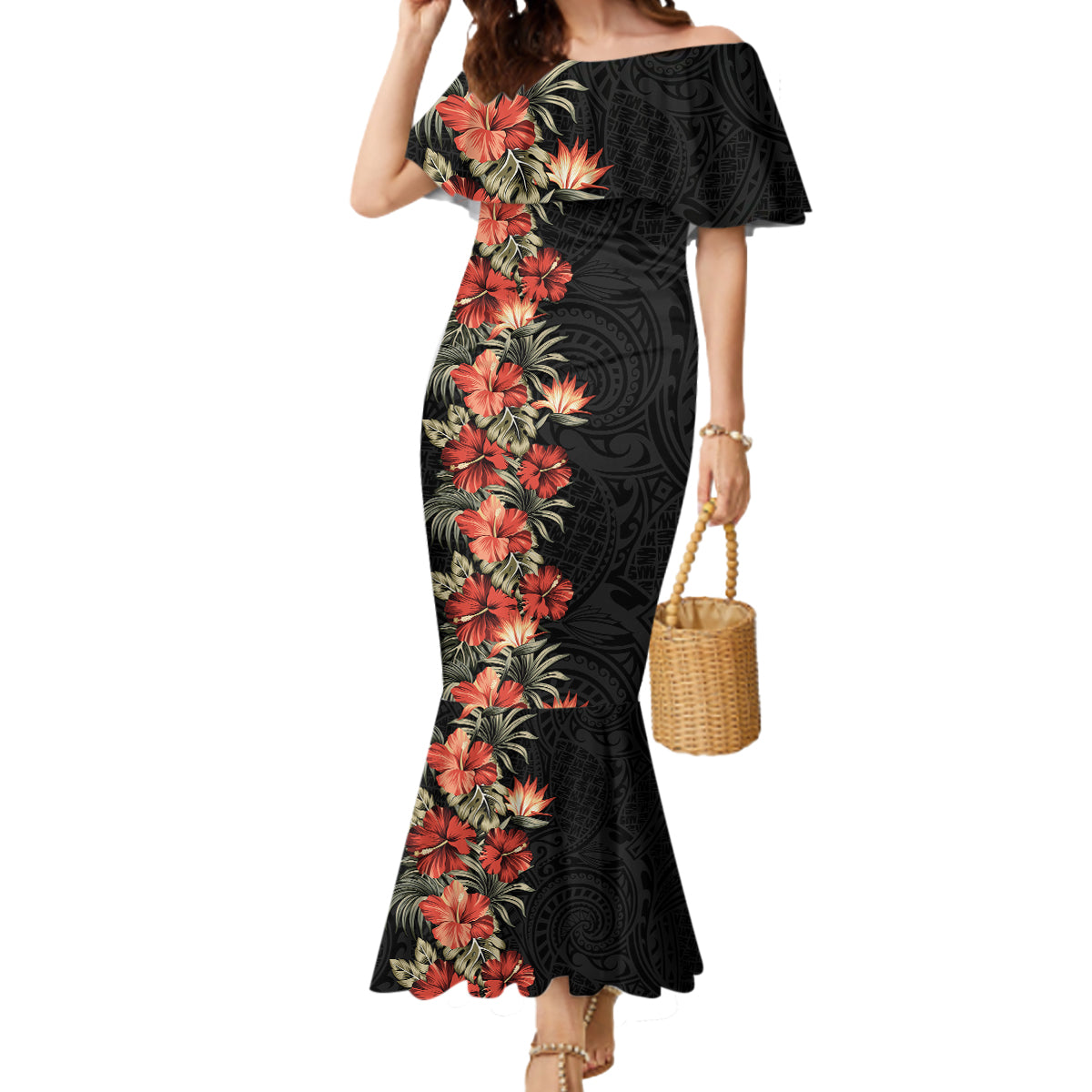 Hawaii Tropical Flowers Tribal Pattern Mermaid Dress No6 LT9 Women Black - Polynesian Pride