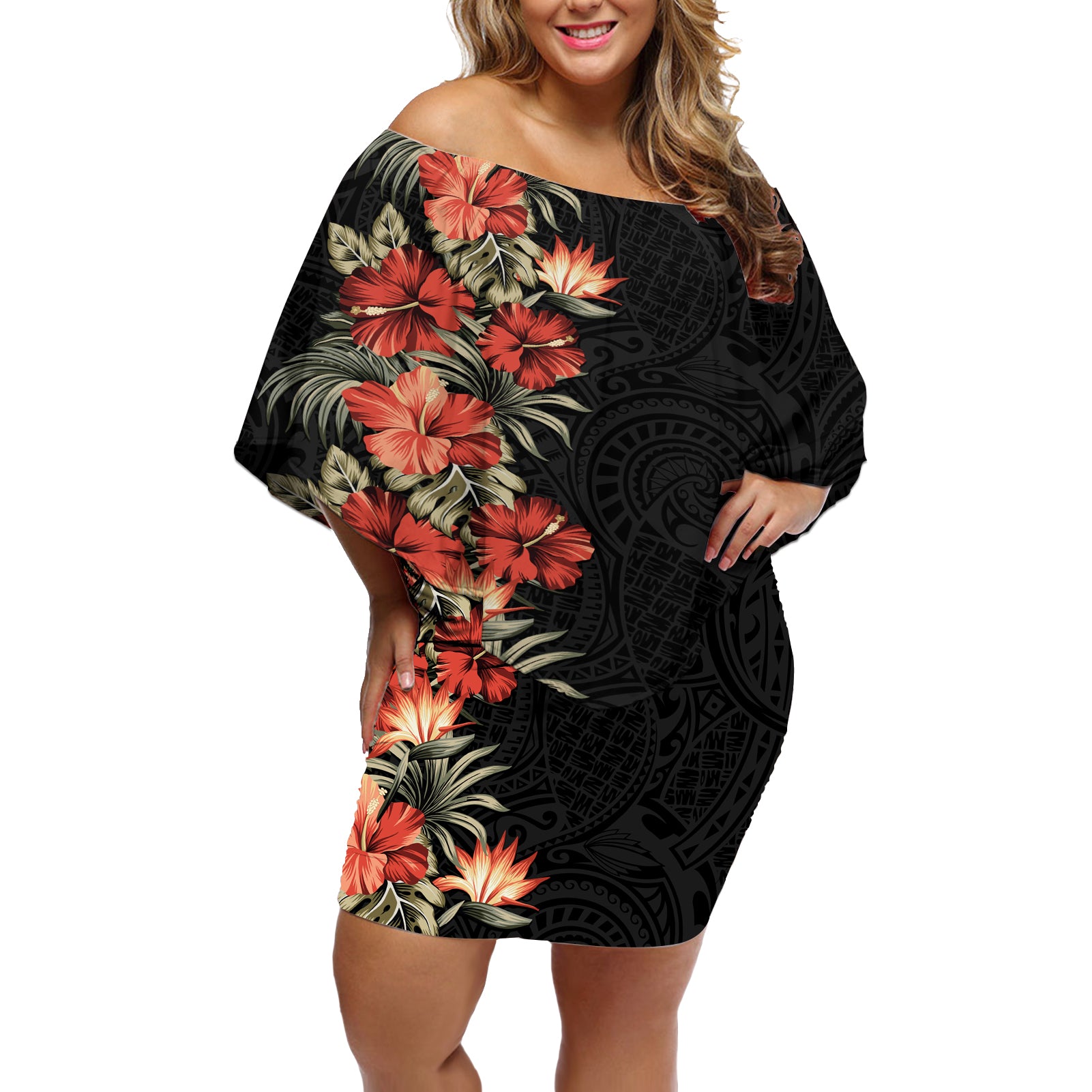 Hawaii Tropical Flowers Tribal Pattern Off Shoulder Short Dress No6 LT9 Women Black - Polynesian Pride