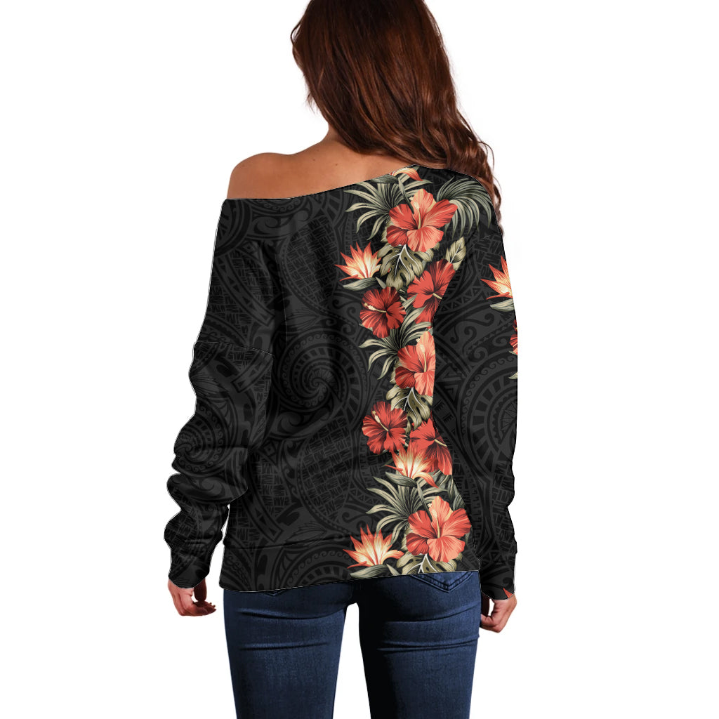 Hawaii Tropical Flowers Tribal Pattern Off Shoulder Sweater No6 LT9 - Polynesian Pride