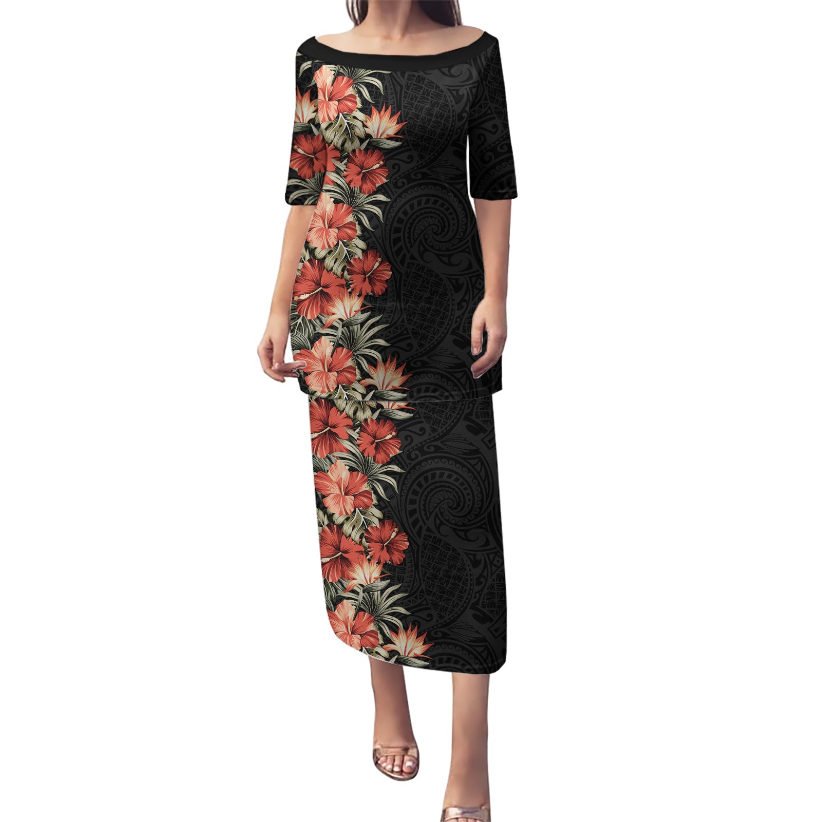 Hawaii Tropical Flowers Tribal Pattern Puletasi No6 LT9 Long Dress Black - Polynesian Pride