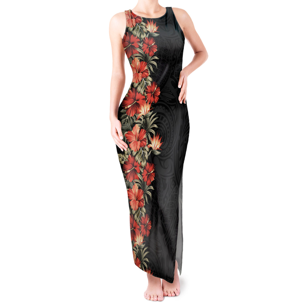 Hawaii Tropical Flowers Tribal Pattern Tank Maxi Dress No6 LT9 Women Black - Polynesian Pride