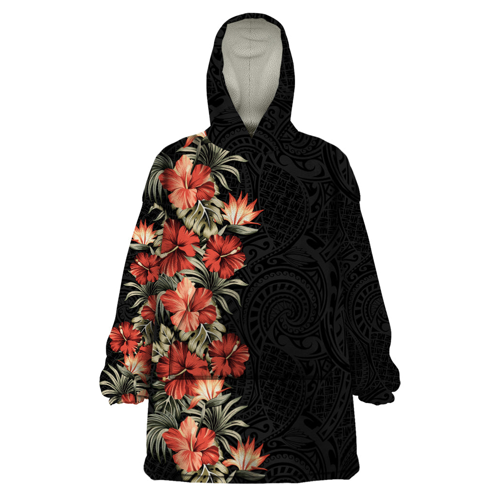 Hawaii Tropical Flowers Tribal Pattern Wearable Blanket Hoodie No6 LT9 One Size Black - Polynesian Pride