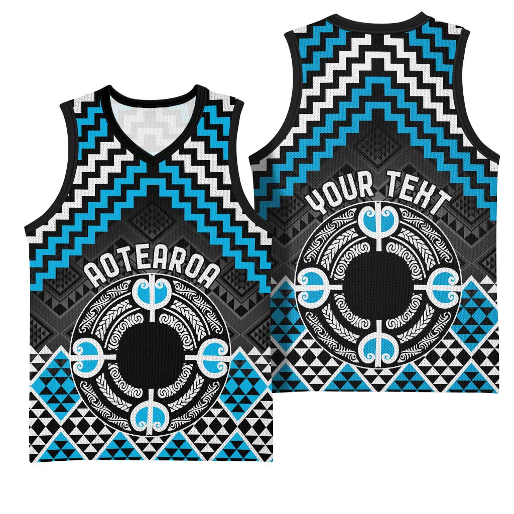 Personalised Aotearoa Niho Taniwha Motif Basketball Jersey Blue Style - Polynesian Pride