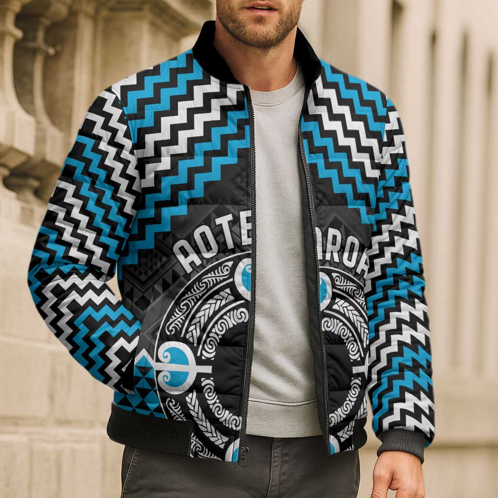 Personalised Aotearoa Niho Taniwha Motif Bomber Puffer Jacket Blue Style - Polynesian Pride