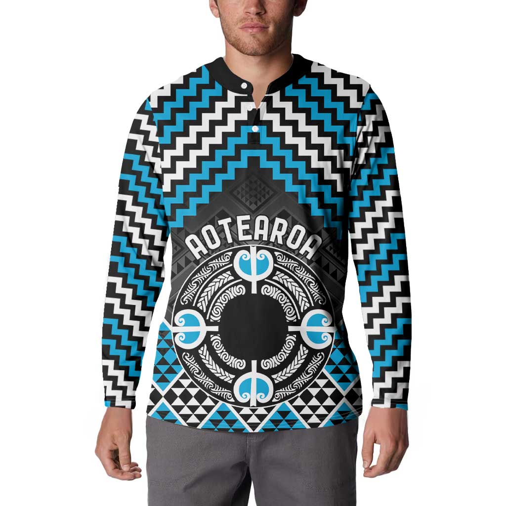 Personalised Aotearoa Niho Taniwha Motif Button Sweatshirt Blue Style LT9 - Polynesian Pride