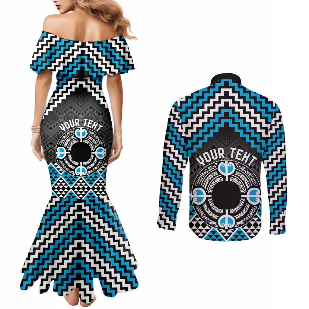 Personalised Aotearoa Niho Taniwha Motif Couples Matching Mermaid Dress and Long Sleeve Button Shirt Blue Style LT9 - Polynesian Pride