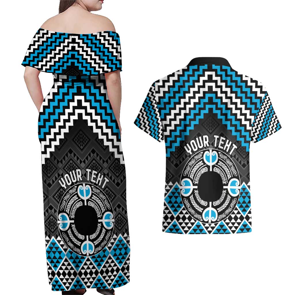 Personalised Aotearoa Niho Taniwha Motif Couples Matching Off Shoulder Maxi Dress and Hawaiian Shirt Blue Style LT9 - Polynesian Pride