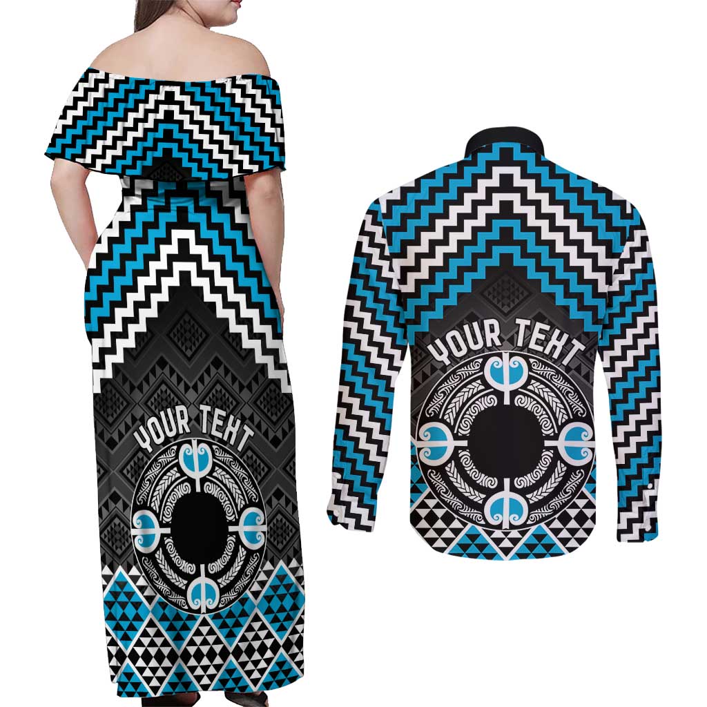 Personalised Aotearoa Niho Taniwha Motif Couples Matching Off Shoulder Maxi Dress and Long Sleeve Button Shirt Blue Style