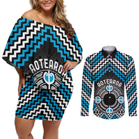 Personalised Aotearoa Niho Taniwha Motif Couples Matching Off Shoulder Short Dress and Long Sleeve Button Shirt Blue Style LT9 Blue - Polynesian Pride
