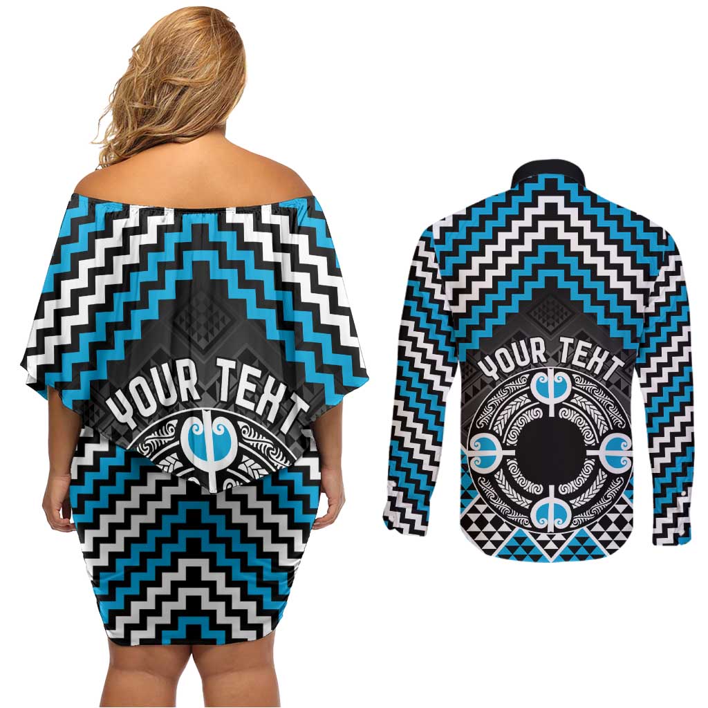Personalised Aotearoa Niho Taniwha Motif Couples Matching Off Shoulder Short Dress and Long Sleeve Button Shirt Blue Style LT9 - Polynesian Pride