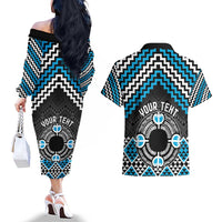Personalised Aotearoa Niho Taniwha Motif Couples Matching Off The Shoulder Long Sleeve Dress and Hawaiian Shirt Blue Style LT9 - Polynesian Pride