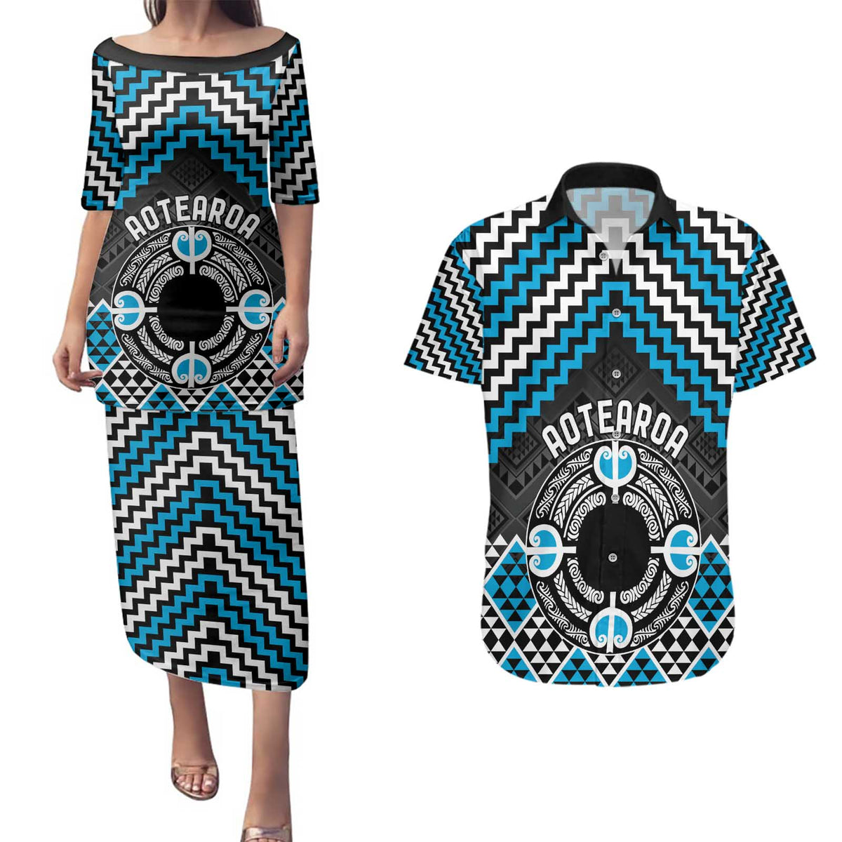 Personalised Aotearoa Niho Taniwha Motif Couples Matching Puletasi and Hawaiian Shirt Blue Style LT9 Blue - Polynesian Pride