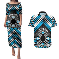Personalised Aotearoa Niho Taniwha Motif Couples Matching Puletasi and Hawaiian Shirt Blue Style LT9 Blue - Polynesian Pride