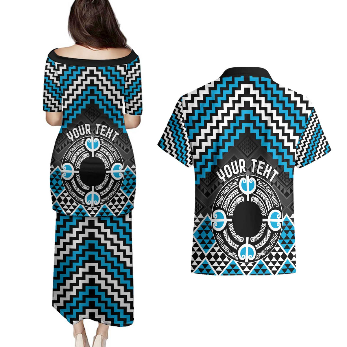 Personalised Aotearoa Niho Taniwha Motif Couples Matching Puletasi and Hawaiian Shirt Blue Style LT9 - Polynesian Pride