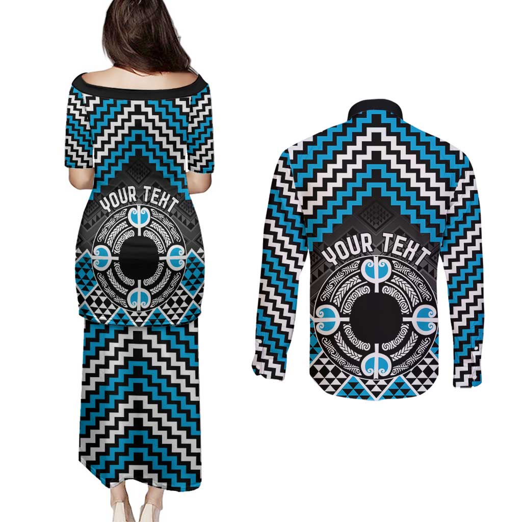 Personalised Aotearoa Niho Taniwha Motif Couples Matching Puletasi and Long Sleeve Button Shirt Blue Style LT9 - Polynesian Pride