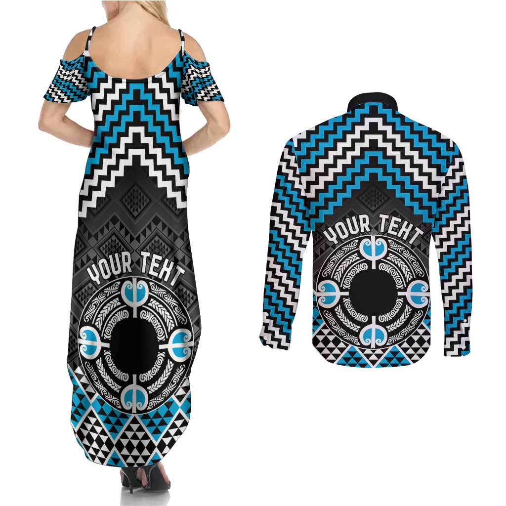 Personalised Aotearoa Niho Taniwha Motif Couples Matching Summer Maxi Dress and Long Sleeve Button Shirt Blue Style LT9 - Polynesian Pride