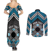 Personalised Aotearoa Niho Taniwha Motif Couples Matching Summer Maxi Dress and Long Sleeve Button Shirt Blue Style LT9 - Polynesian Pride