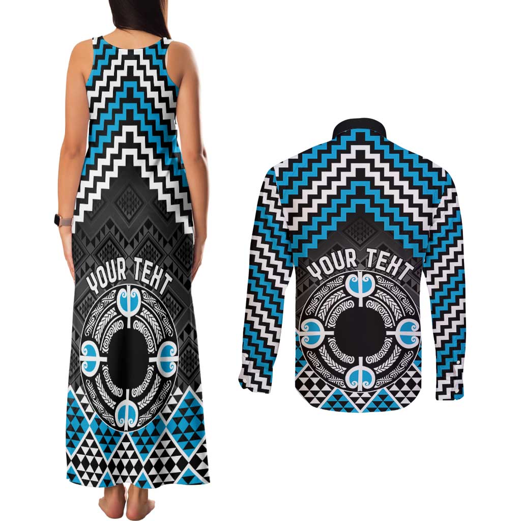 Personalised Aotearoa Niho Taniwha Motif Couples Matching Tank Maxi Dress and Long Sleeve Button Shirt Blue Style LT9 - Polynesian Pride