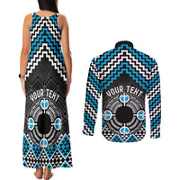 Personalised Aotearoa Niho Taniwha Motif Couples Matching Tank Maxi Dress and Long Sleeve Button Shirt Blue Style LT9 - Polynesian Pride