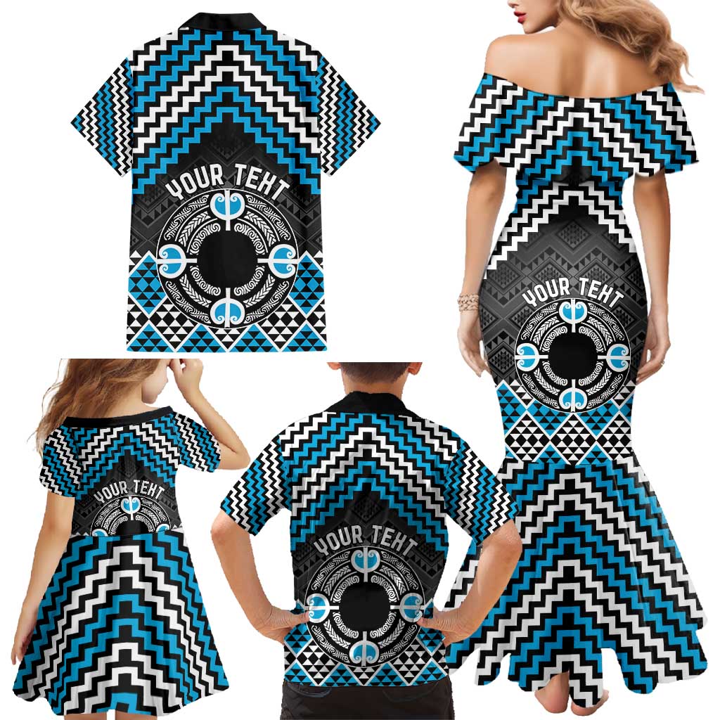 Personalised Aotearoa Niho Taniwha Motif Family Matching Mermaid Dress and Hawaiian Shirt Blue Style