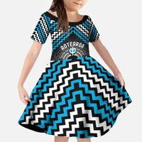 Personalised Aotearoa Niho Taniwha Motif Family Matching Off The Shoulder Long Sleeve Dress and Hawaiian Shirt Blue Style