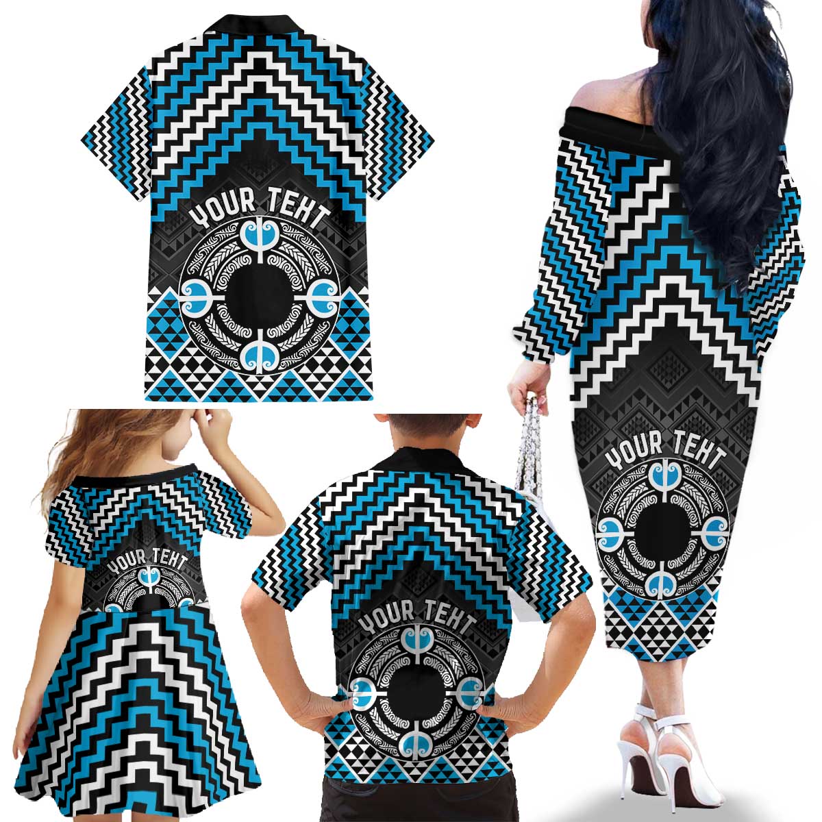 Personalised Aotearoa Niho Taniwha Motif Family Matching Off The Shoulder Long Sleeve Dress and Hawaiian Shirt Blue Style