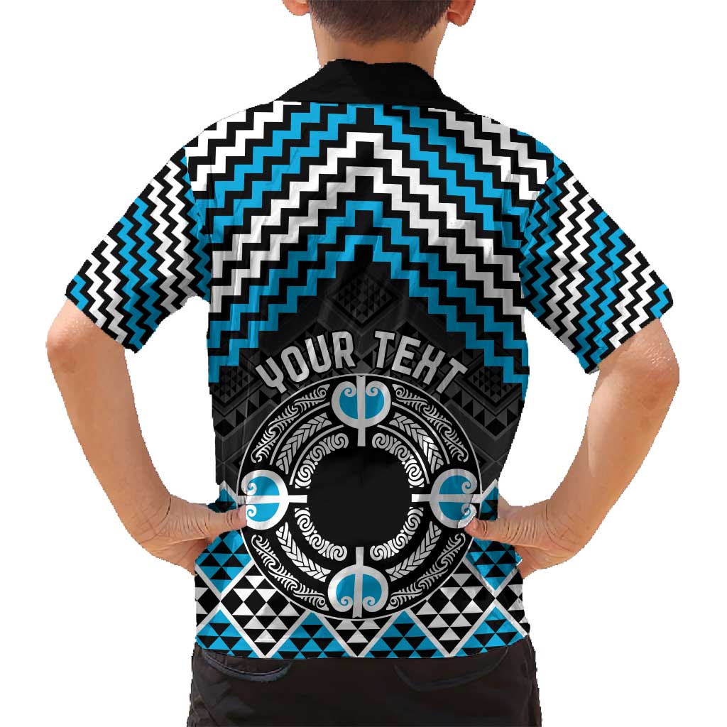 Personalised Aotearoa Niho Taniwha Motif Family Matching Puletasi and Hawaiian Shirt Blue Style