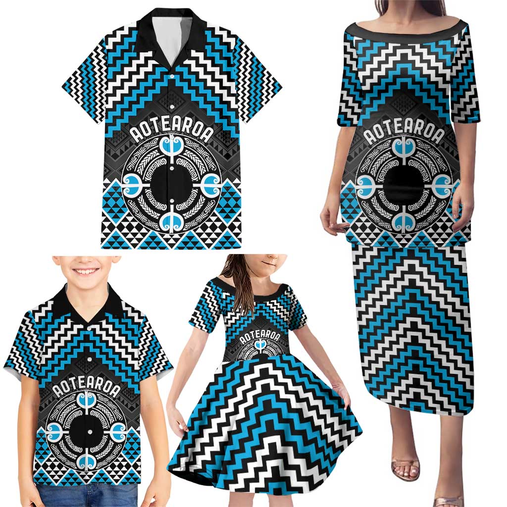 Personalised Aotearoa Niho Taniwha Motif Family Matching Puletasi and Hawaiian Shirt Blue Style