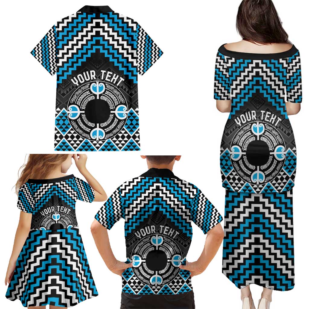 Personalised Aotearoa Niho Taniwha Motif Family Matching Puletasi and Hawaiian Shirt Blue Style