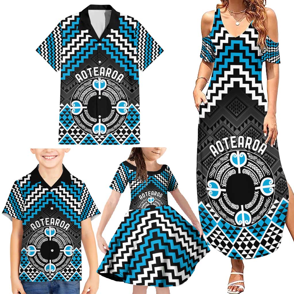 Personalised Aotearoa Niho Taniwha Motif Family Matching Summer Maxi Dress and Hawaiian Shirt Blue Style