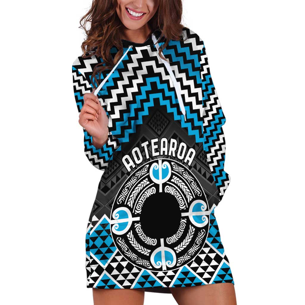 Personalised Aotearoa Niho Taniwha Motif Hoodie Dress Blue Style LT9 Blue - Polynesian Pride