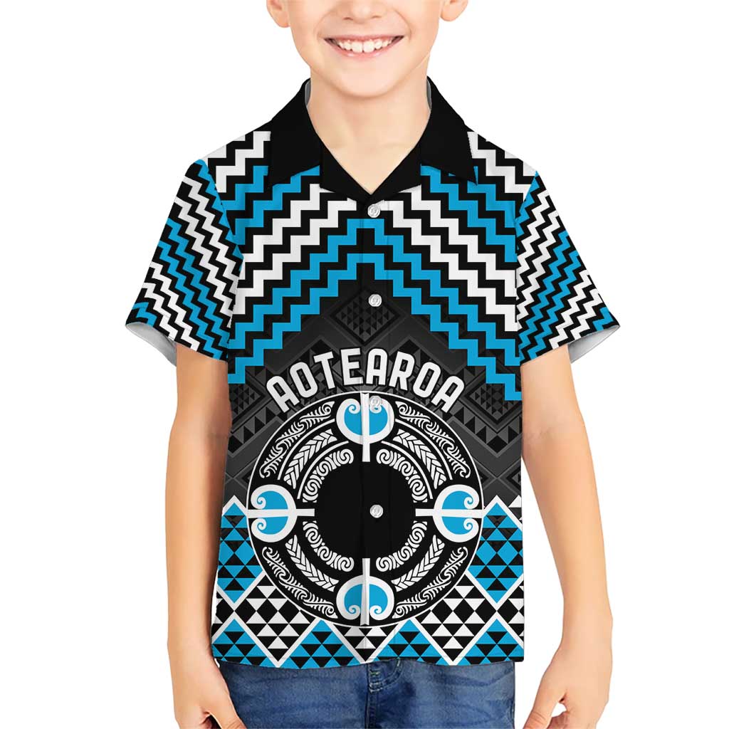 Personalised Aotearoa Niho Taniwha Motif Kid Hawaiian Shirt Blue Style