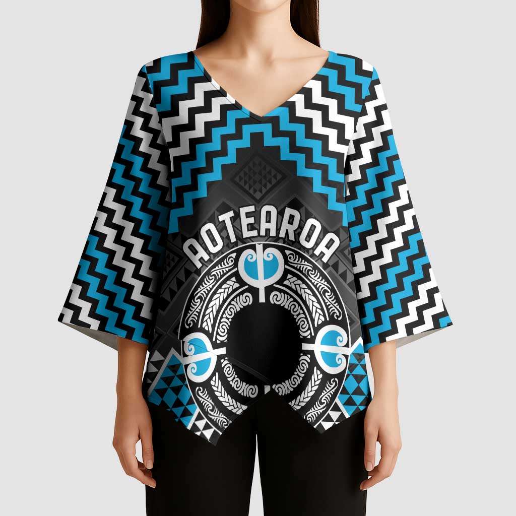 Personalised Aotearoa Niho Taniwha Motif Kimono Sleeve Blouse Blue Style - Polynesian Pride