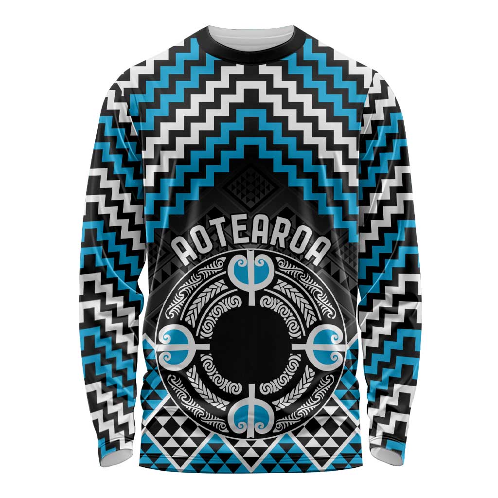Personalised Aotearoa Niho Taniwha Motif Long Sleeve Shirt Blue Style LT9 Unisex Blue - Polynesian Pride