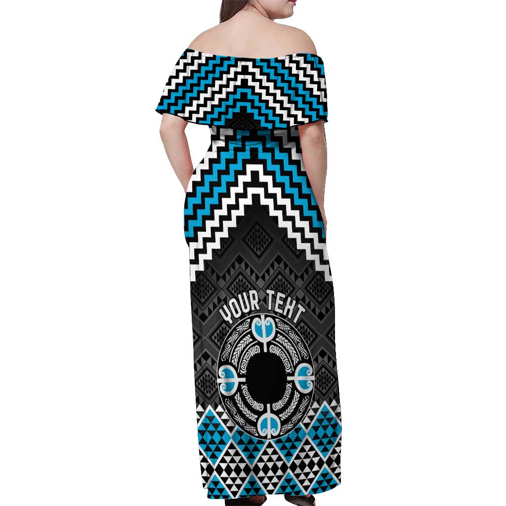 Personalised Aotearoa Niho Taniwha Motif Off Shoulder Maxi Dress Blue Style LT9 - Polynesian Pride