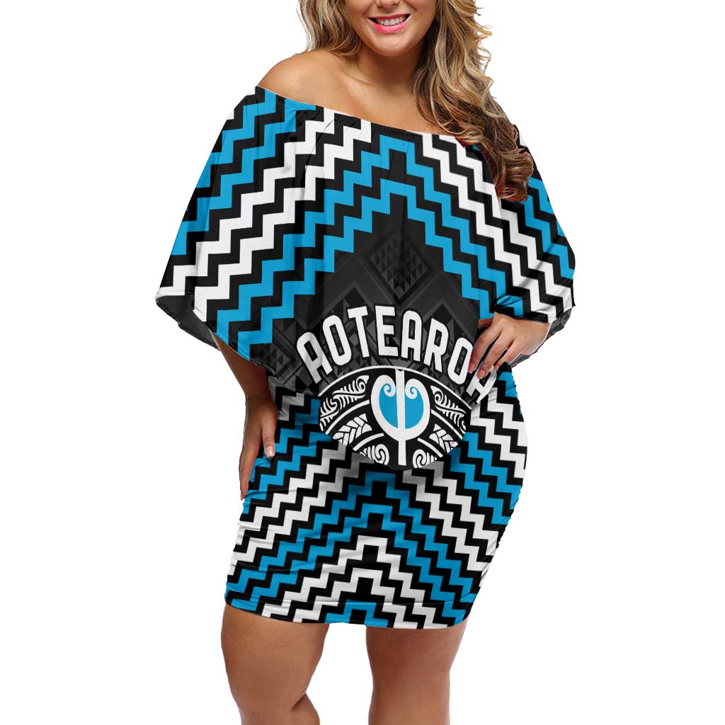 Personalised Aotearoa Niho Taniwha Motif Off Shoulder Short Dress Blue Style