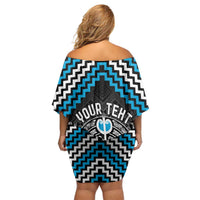 Personalised Aotearoa Niho Taniwha Motif Off Shoulder Short Dress Blue Style LT9 - Polynesian Pride