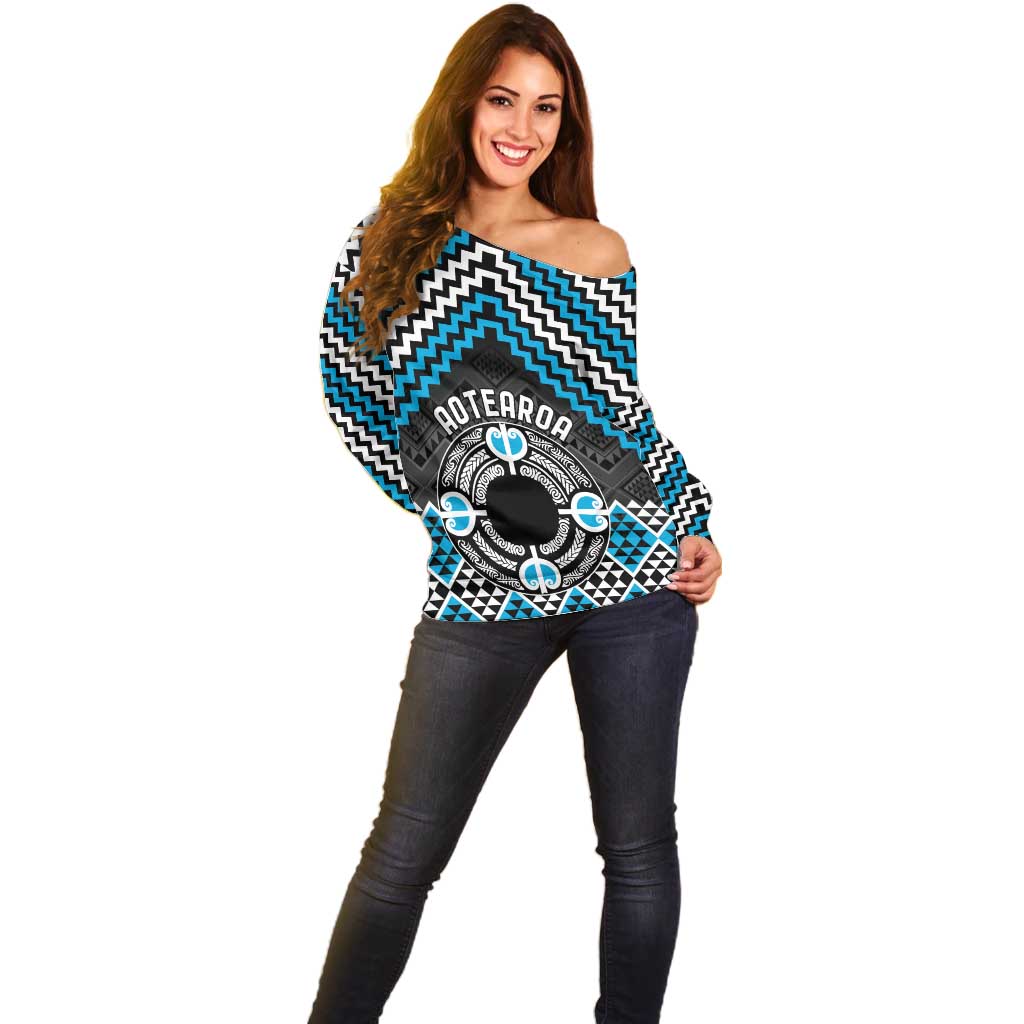 Personalised Aotearoa Niho Taniwha Motif Off Shoulder Sweater Blue Style