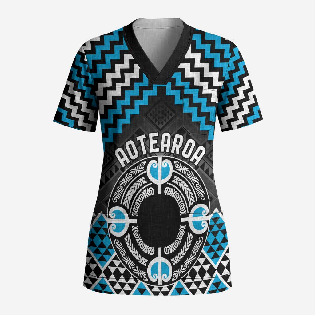Personalised Aotearoa Niho Taniwha Motif Scrub Top Blue Style - Polynesian Pride