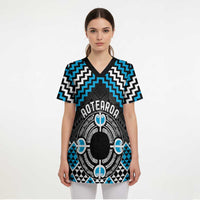 Personalised Aotearoa Niho Taniwha Motif Scrub Top Blue Style - Polynesian Pride