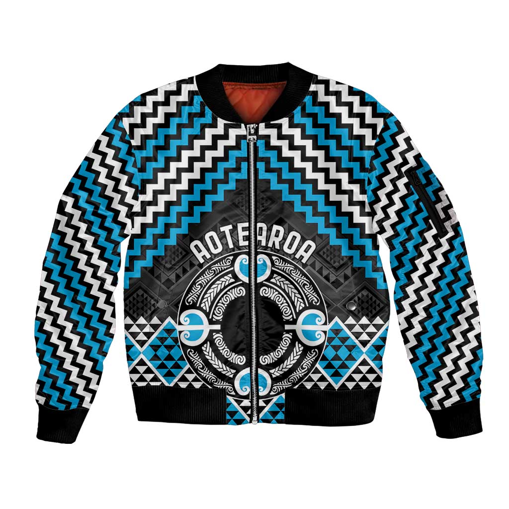 Personalised Aotearoa Niho Taniwha Motif Sleeve Zip Bomber Jacket Blue Style