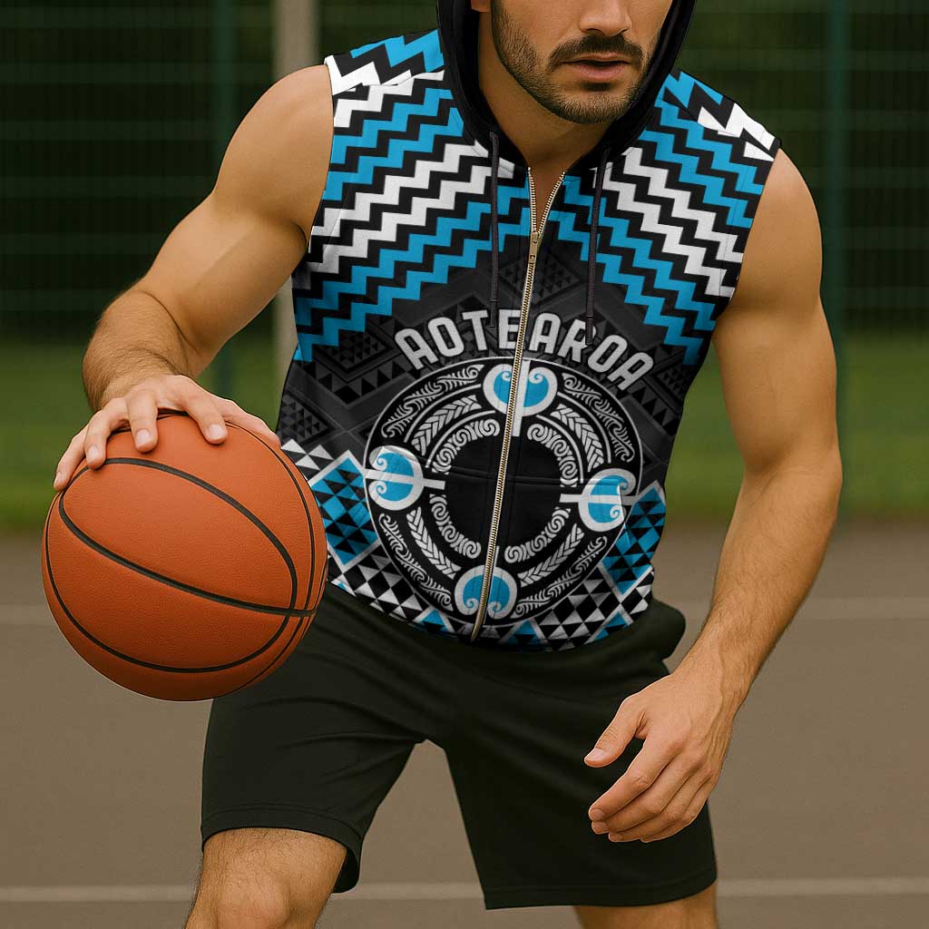 Personalised Aotearoa Niho Taniwha Motif Sleeveless Zip Hoodie Blue Style - Polynesian Pride