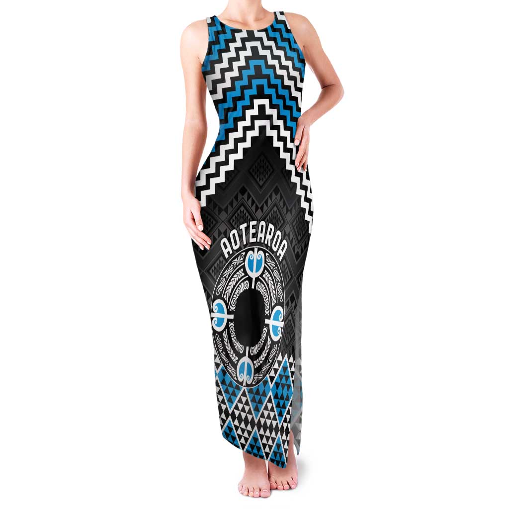 Personalised Aotearoa Niho Taniwha Motif Tank Maxi Dress Blue Style LT9 Women Blue - Polynesian Pride
