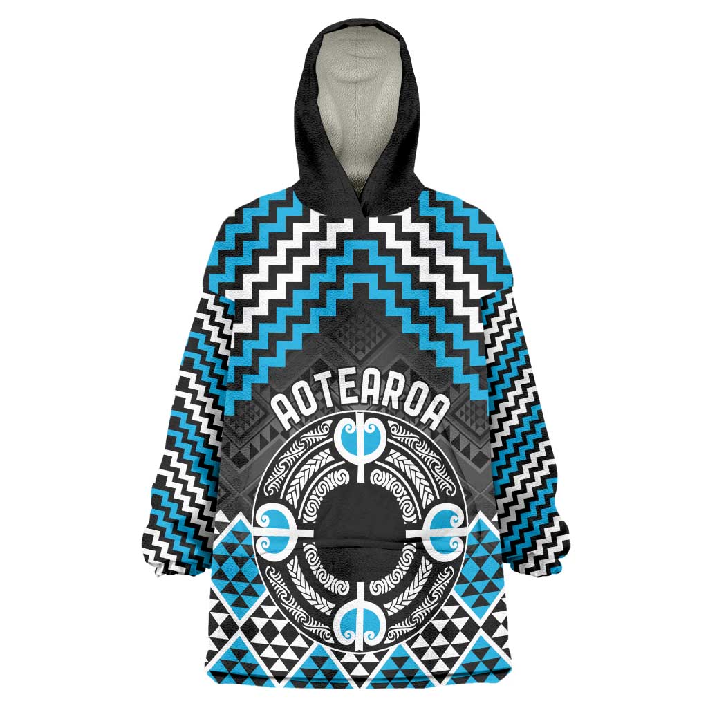 Personalised Aotearoa Niho Taniwha Motif Wearable Blanket Hoodie Blue Style LT9 One Size Blue - Polynesian Pride