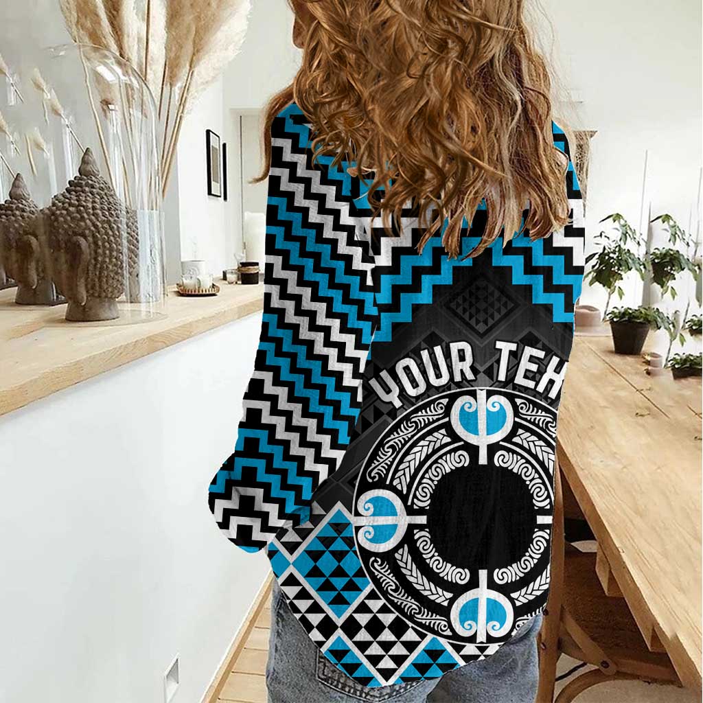 Personalised Aotearoa Niho Taniwha Motif Women Casual Shirt Blue Style