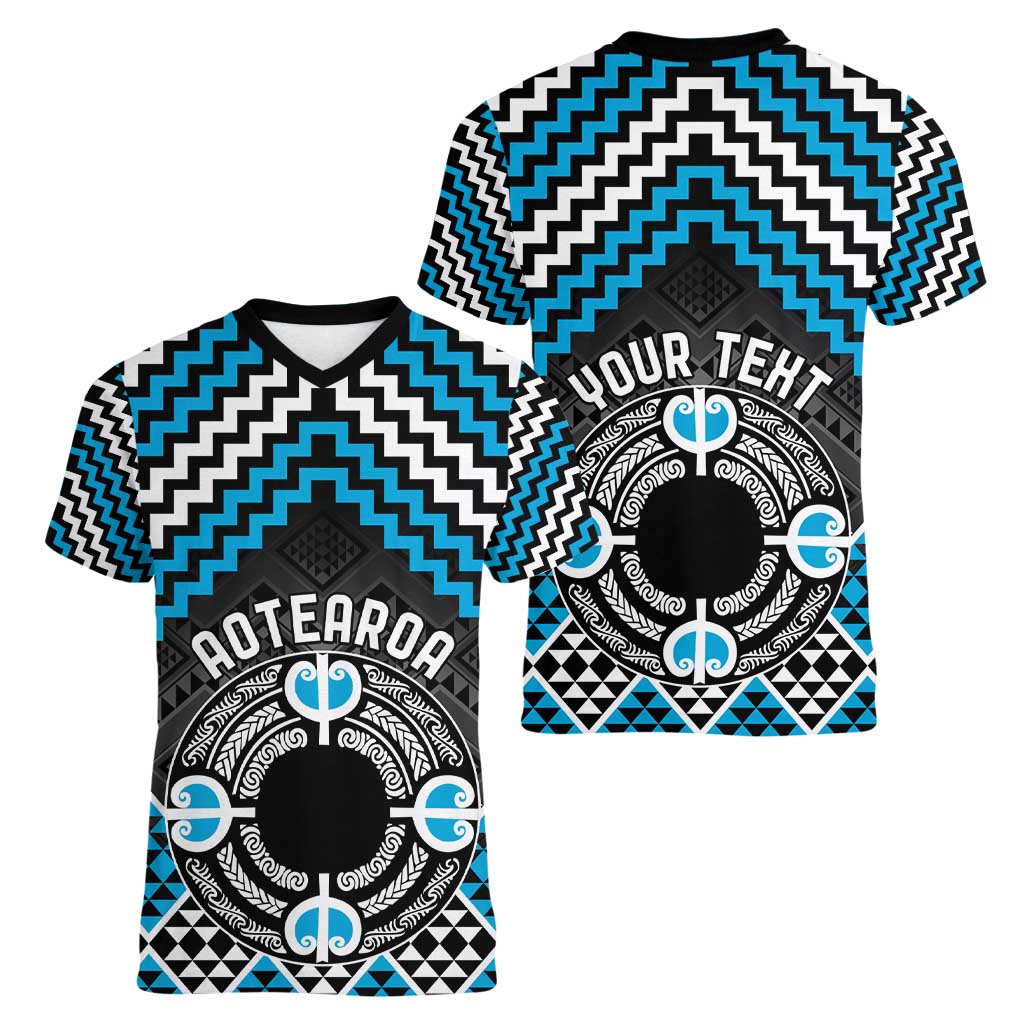 Personalised Aotearoa Niho Taniwha Motif Women V-Neck T-Shirt Blue Style LT9 - Polynesian Pride