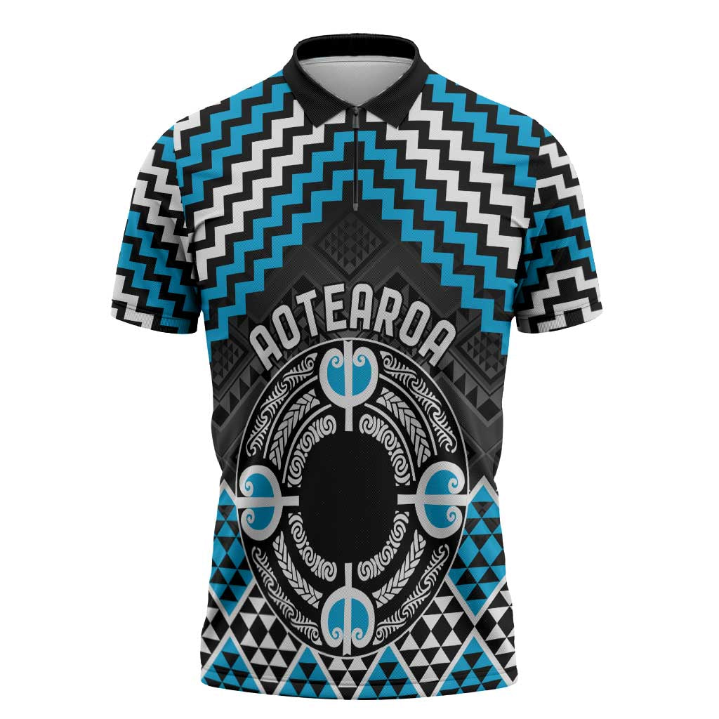 Personalised Aotearoa Niho Taniwha Motif Zipper Polo Shirt Blue Style - Polynesian Pride