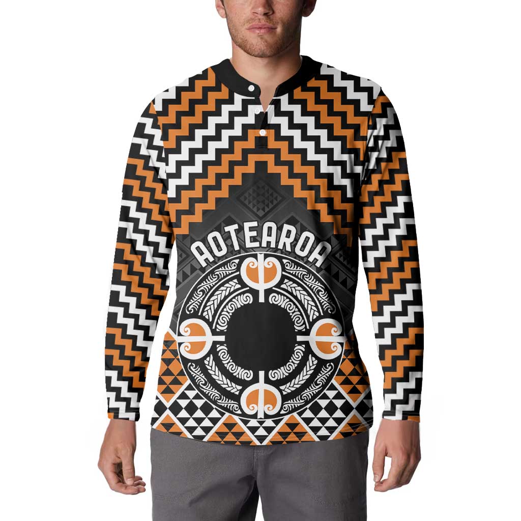 Personalised Aotearoa Niho Taniwha Motif Button Sweatshirt Gold Style LT9 - Polynesian Pride